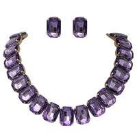 Stunning And Colorful Emerald Cut Crystal Rhinestone Statement Necklace Earrings Bridal Gift Set, 16.5"+3" Extender