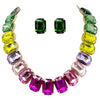 Stunning And Colorful Emerald Cut Crystal Rhinestone Statement Necklace Earrings Bridal Gift Set, 16.5"+3" Extender