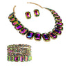 Stunning And Colorful Emerald Cut Crystal Rhinestone Statement Necklace Earrings Bridal Gift Set, 16.5"+3" Extender