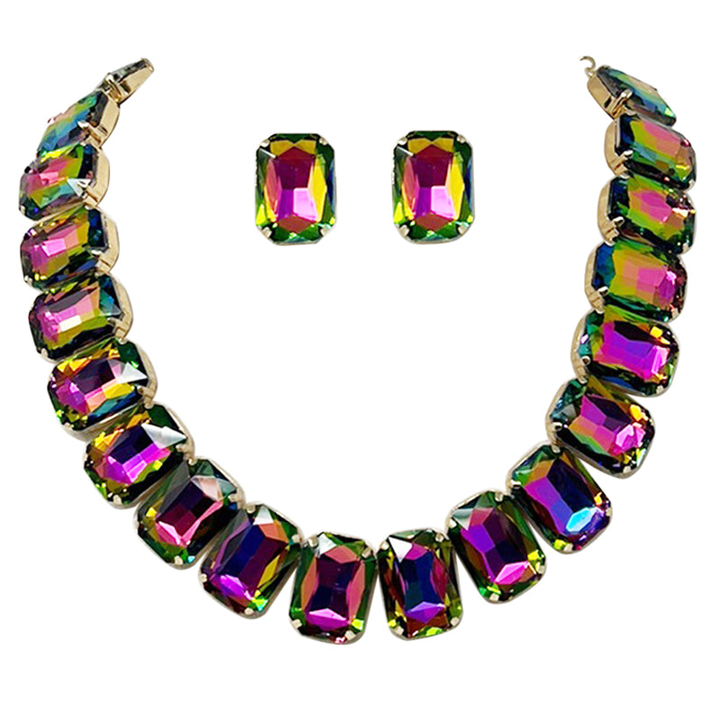 Stunning And Colorful Emerald Cut Crystal Rhinestone Statement Necklace Earrings Bridal Gift Set, 16.5"+3" Extender