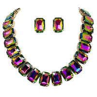 Stunning And Colorful Emerald Cut Crystal Rhinestone Statement Necklace Earrings Bridal Gift Set, 16.5"+3" Extender