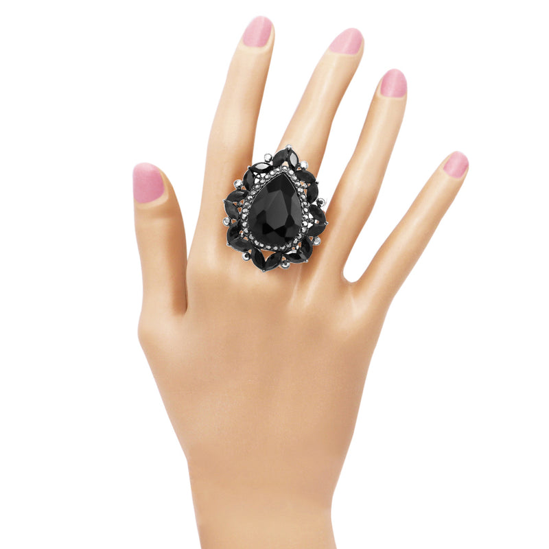 Stunning Large Statement Teardrop Glass Crystal Rhinestone Stretch Band Cocktail Ring, 2"