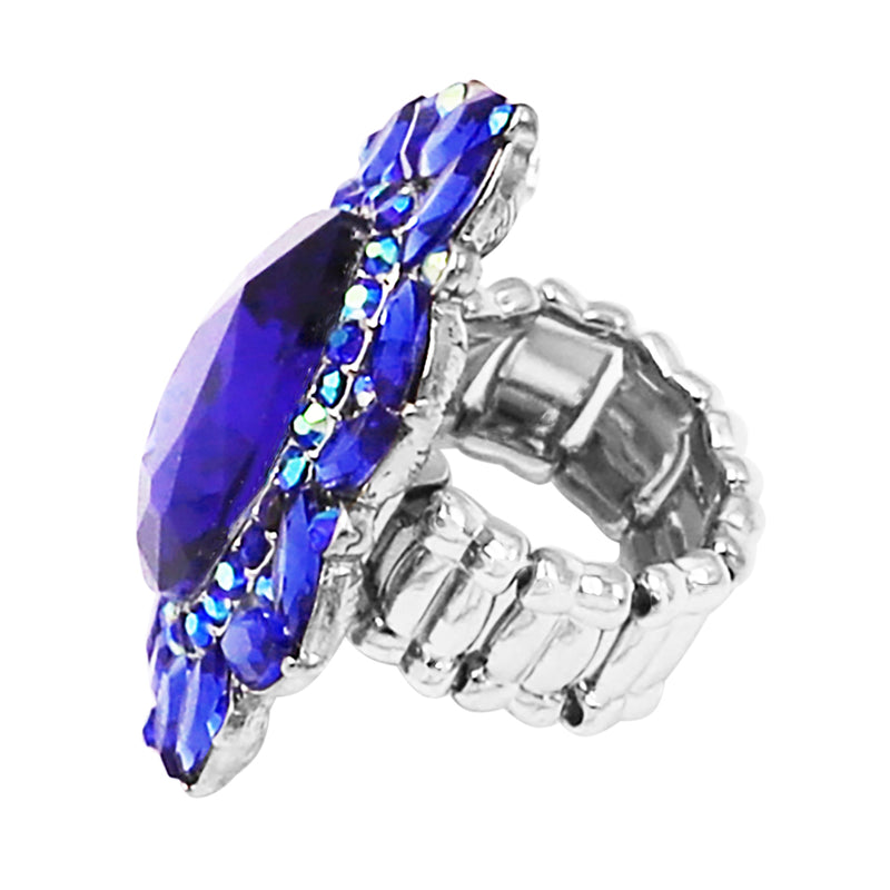 Stunning Large Statement Teardrop Glass Crystal Rhinestone Stretch Band Cocktail Ring, 2"