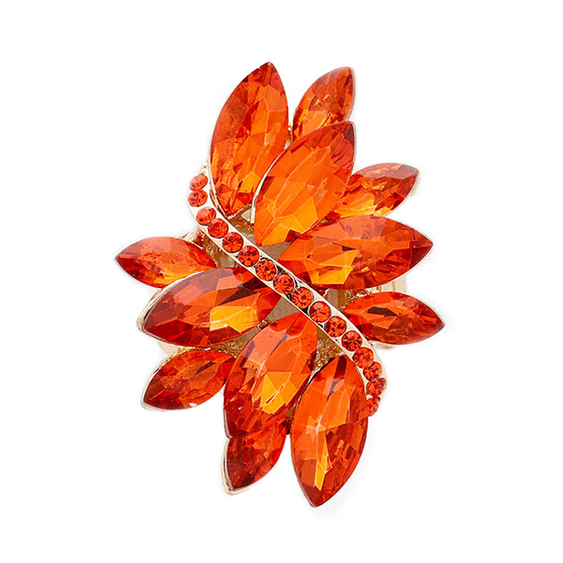 Dazzling Crystal Marquis Leaf Cluster Statement Stretch Cocktail Ring (Orange GoldTone)