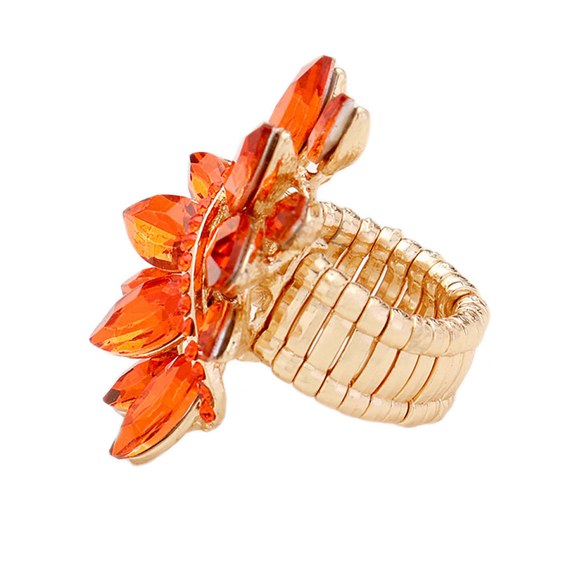 Dazzling Crystal Marquis Leaf Cluster Statement Stretch Cocktail Ring (Orange GoldTone)