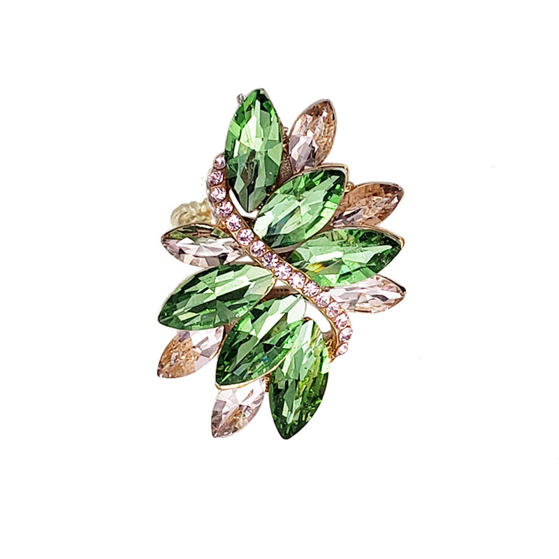 Dazzling Crystal Marquis Leaf Cluster Statement Stretch Cocktail Ring (Green With Pink Crystal Gold Tone)