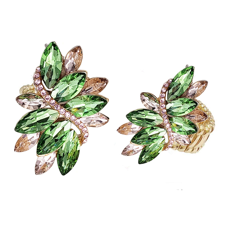 Dazzling Crystal Marquis Leaf Cluster Statement Stretch Cocktail Ring (Green With Pink Crystal Gold Tone)