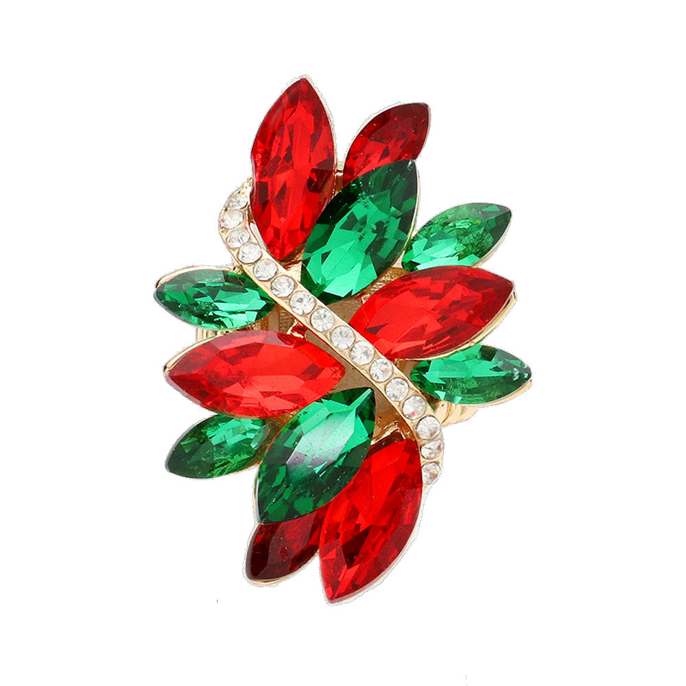 Dazzling Crystal Marquis Leaf Cluster Statement Stretch Cocktail Ring (Christmas Mix Green Red Crystal Gold Tone)