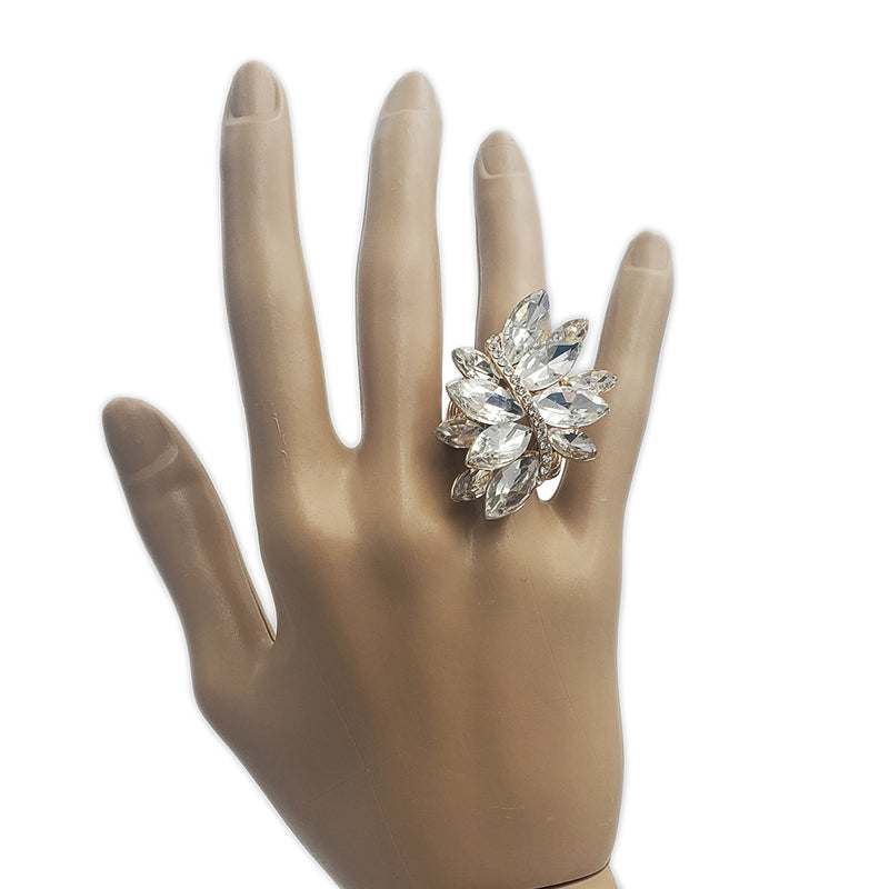 Dazzling Crystal Marquis Leaf Cluster Statement Stretch Cocktail Ring (Green With Pink Crystal Gold Tone)