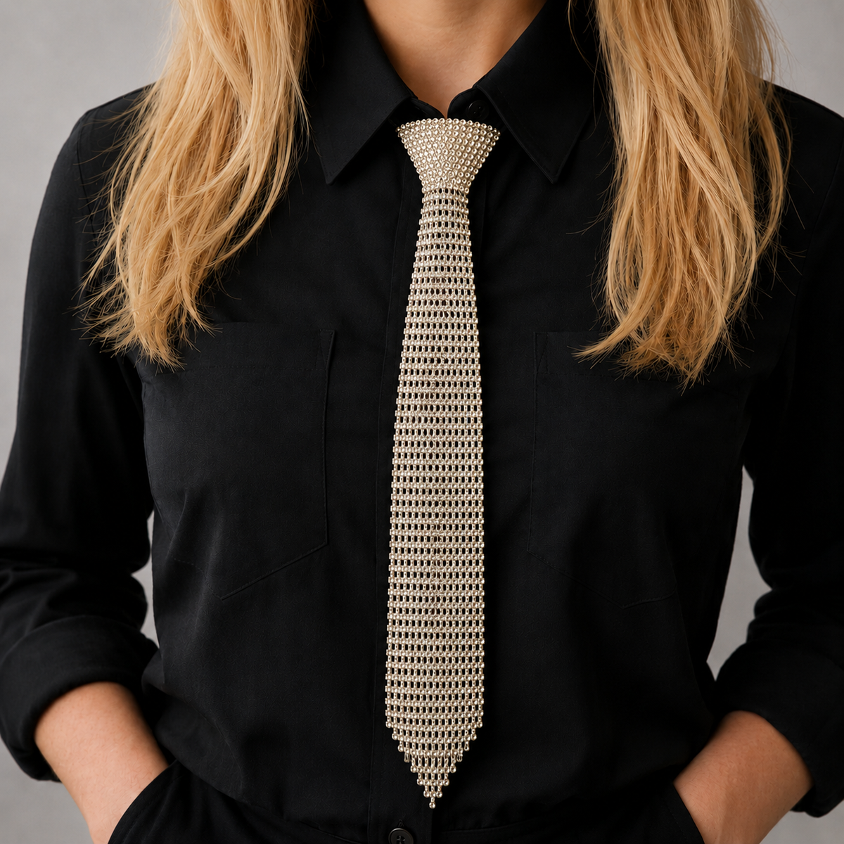 Stunning Crystal Rhinestone Necktie Necklace, 18"+3" Extender (Gold Tone Clear Crystal)