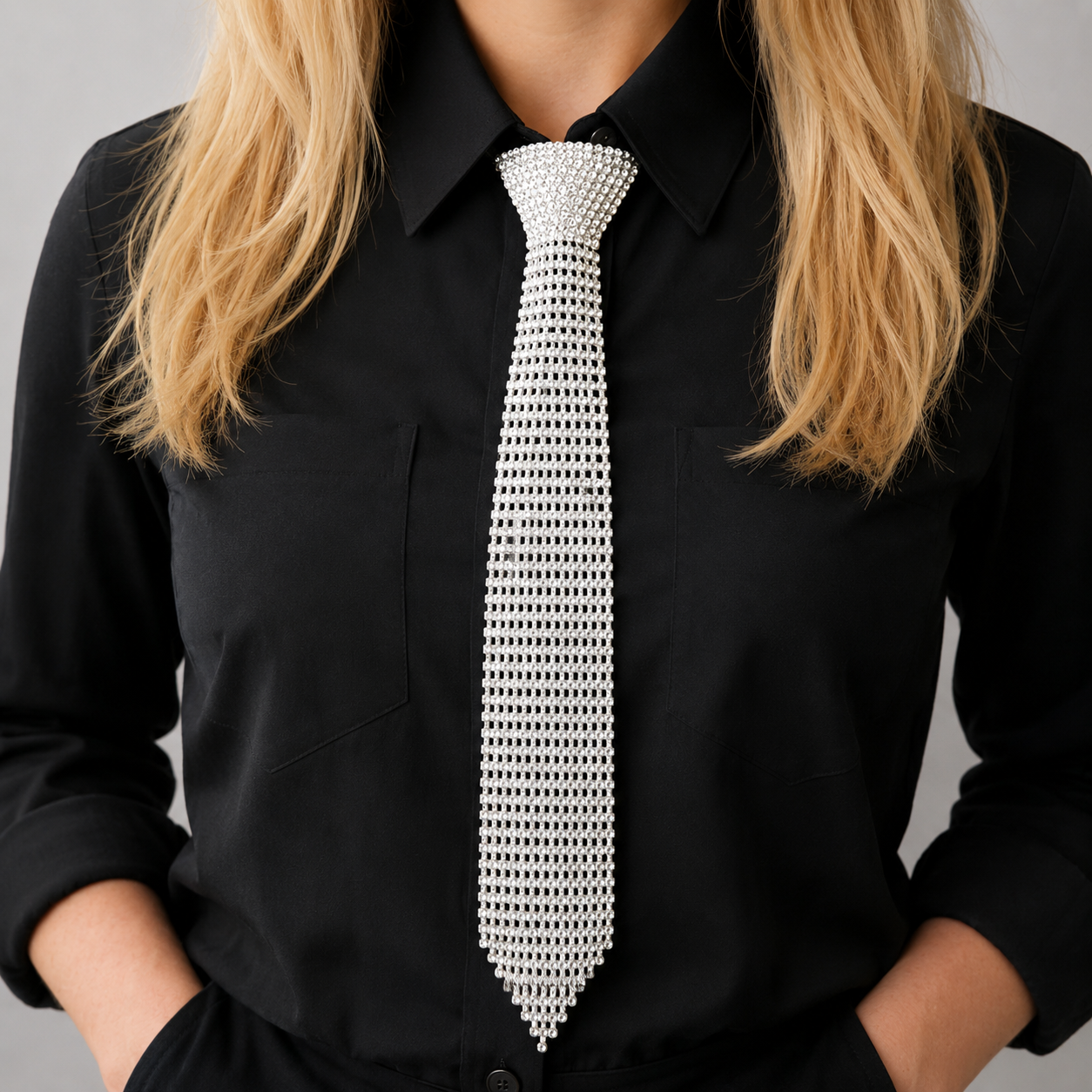 Stunning Crystal Rhinestone Necktie Necklace, 18"+3" Extender (Silver Tone Clear Crystal)
