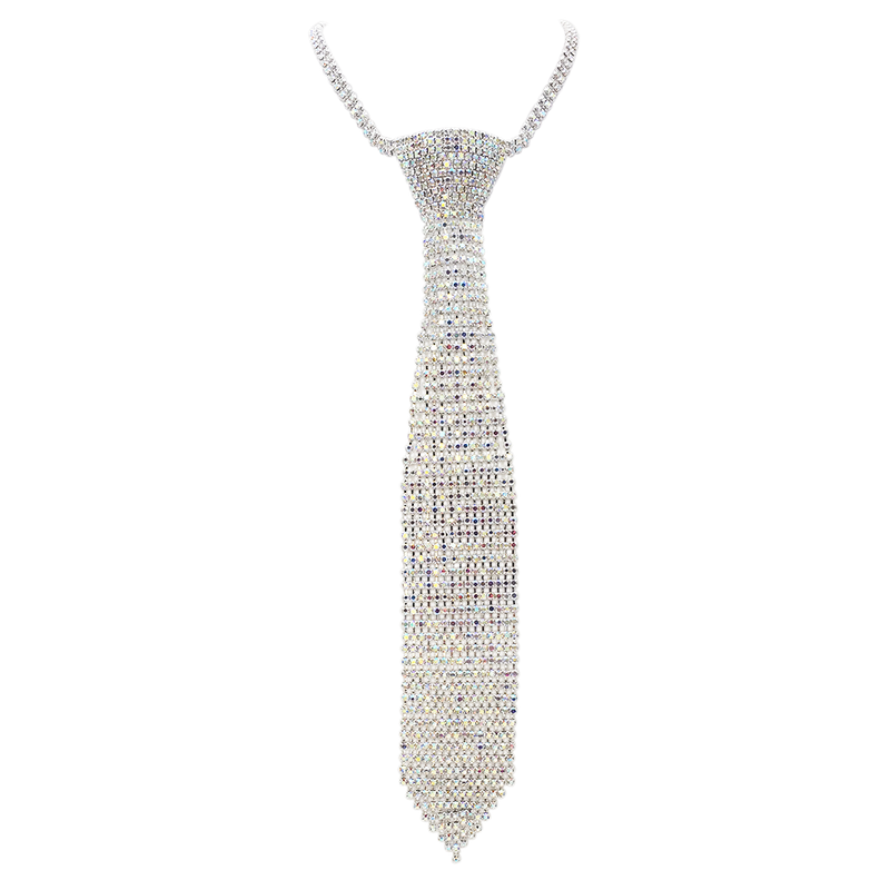 Stunning Crystal Rhinestone Necktie Necklace, 18"+3" Extender (AB Crystal Silver Tone)