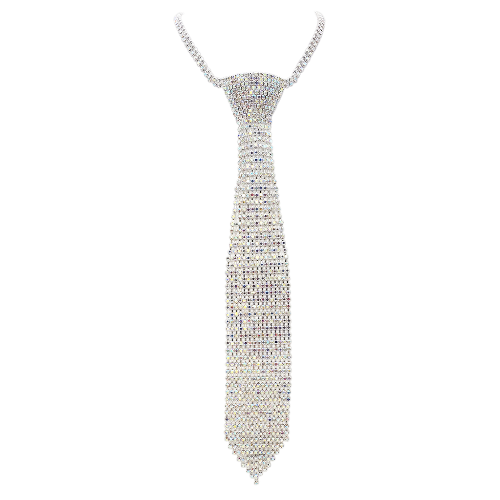 Stunning Crystal Rhinestone Necktie Necklace, 18"+3" Extender (AB Crystal Silver Tone)