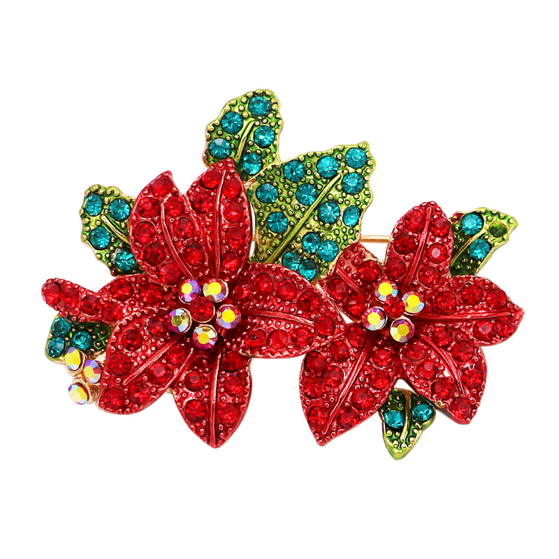 Rosemarie & Jubalee Women's Dazzling Red And Green Pave Crystal Rhinestone Poinsettia Christmas Holiday Flower Brooch