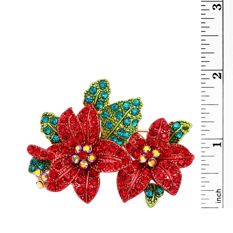 Rosemarie & Jubalee Women's Dazzling Red And Green Pave Crystal Rhinestone Poinsettia Christmas Holiday Flower Brooch