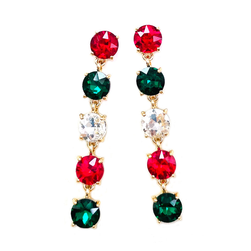 Stunning Gold Tone Linear Strand Round Cut Crystal Rhinestone Post Back Drop Earrings, 2.75" (Christmas Mix)