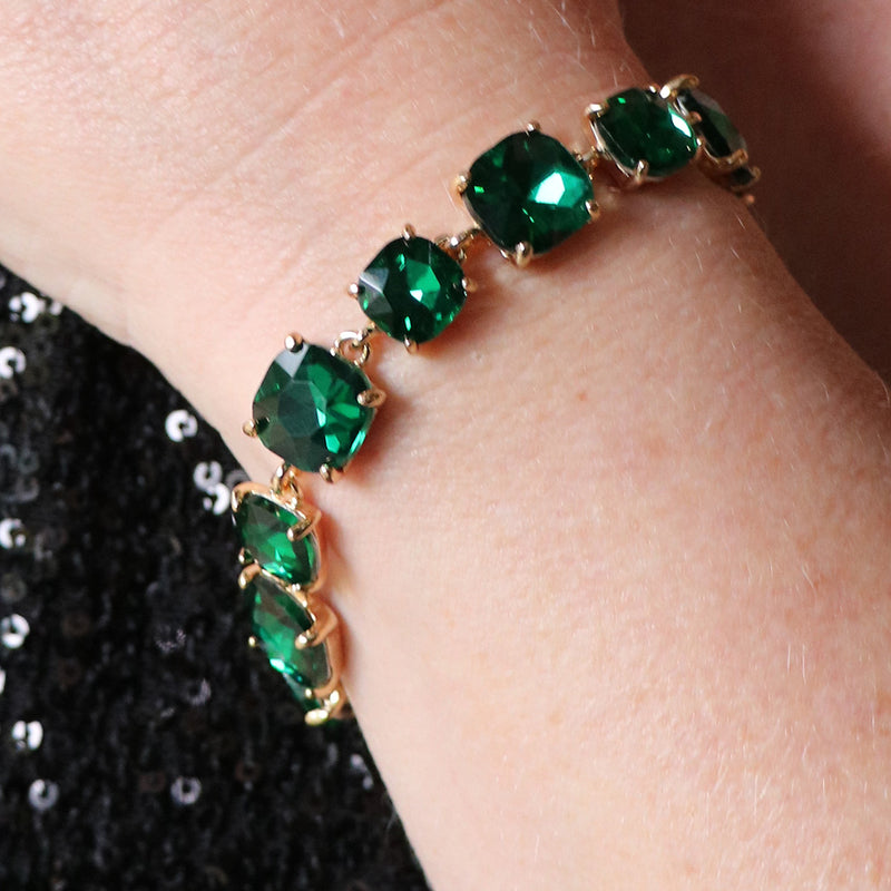 Stunning Rock Candy Colorful Large Cushion Cut Square Crystals Statement Vintage Vibes Link Bracelet, 7" (Emerald Green)