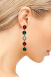 Stunning Gold Tone Linear Strand Round Cut Crystal Rhinestone Post Back Drop Earrings, 2.75" (Christmas Mix)