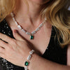 Stunning Green Emerald Cut Crystal Charm On Statement Faux Pearl Strand Holiday Jewelry (Pendant Necklace, 16"+3" Extender)