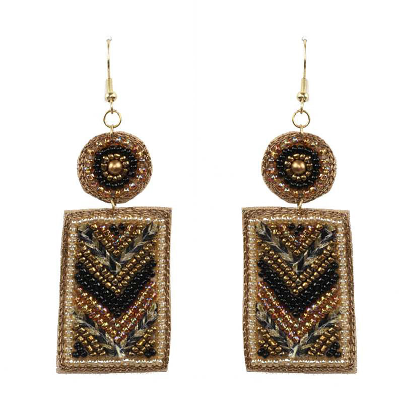 Stunning Black Brown Gold Seed Bead Statement Dangle Earrings, 3.5"