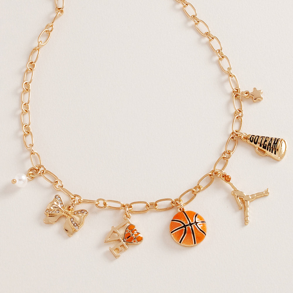 Gold Tone Basketball Charm Necklace with Bow, Pearl, Megaphone, 16-19 Inch with 3 Inch Extension