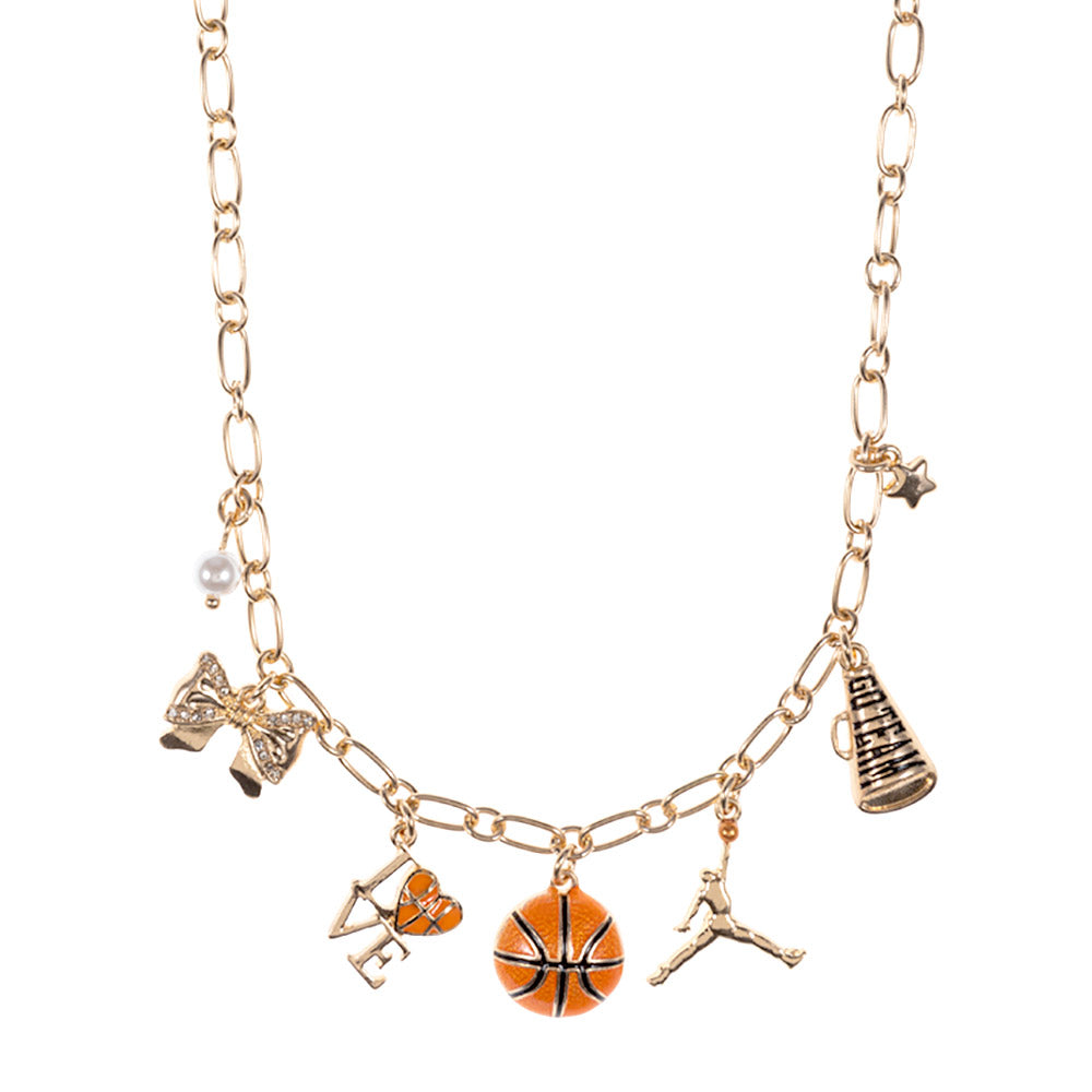 Gold Tone Basketball Charm Necklace with Bow, Pearl, Megaphone, 16-19 Inch with 3 Inch Extension