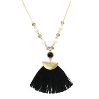 Rosemarie Collections Women's Black Tassel Pendant Gold Tone Fresh Water Pearl And Crystal Adorned Long Chain Necklace Earrings Fashion Jewelry Set, 24"+3" Extender