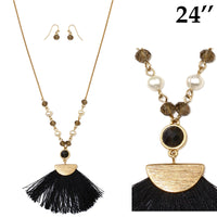 Rosemarie Collections Women's Black Tassel Pendant Gold Tone Fresh Water Pearl And Crystal Adorned Long Chain Necklace Earrings Fashion Jewelry Set, 24"+3" Extender