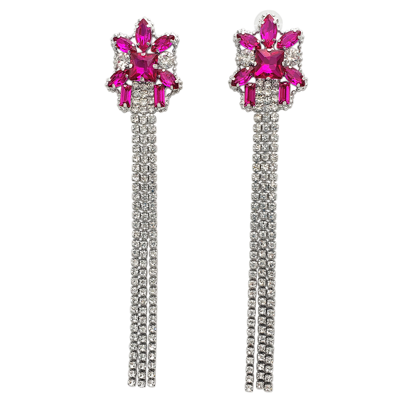 Stunning Extra Long Triple Strand Crystal Rhinestone Tassel Shoulder Duster Earrings, 5.5" (Fuchsia Pink Crystal Silver Tone)