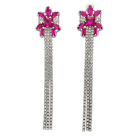 Stunning Extra Long Triple Strand Crystal Rhinestone Tassel Shoulder Duster Earrings, 5.5" (Fuchsia Pink Crystal Silver Tone)