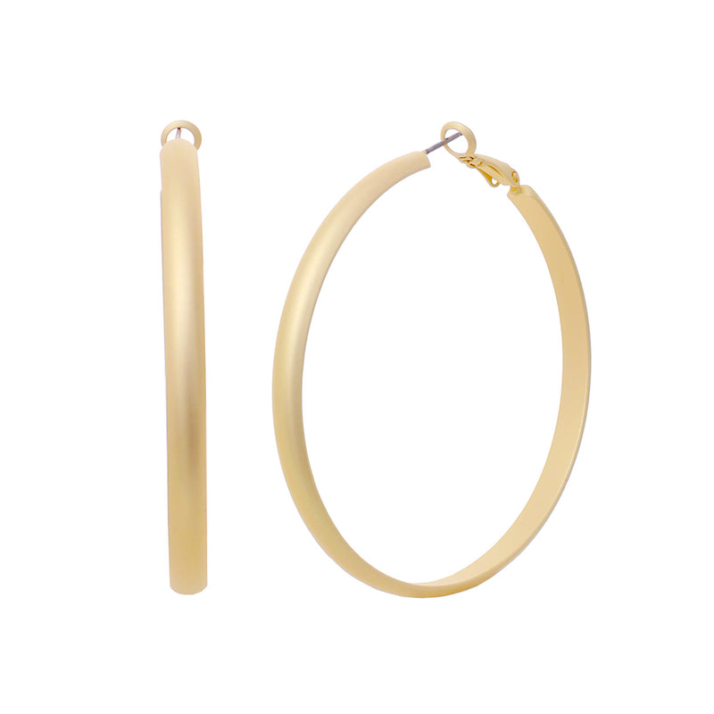 Chic Stainless Steel With Matte Finish Side Silhouette Modern Flat Hoop Earrings With Hypoallergenic Omega Post Backs (60mm, Gold Plated)