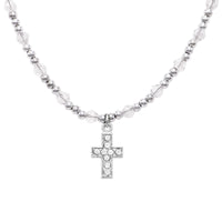 Flower Girl's Crystal Bead Religious Christian Cross Pendant Necklace, 17"