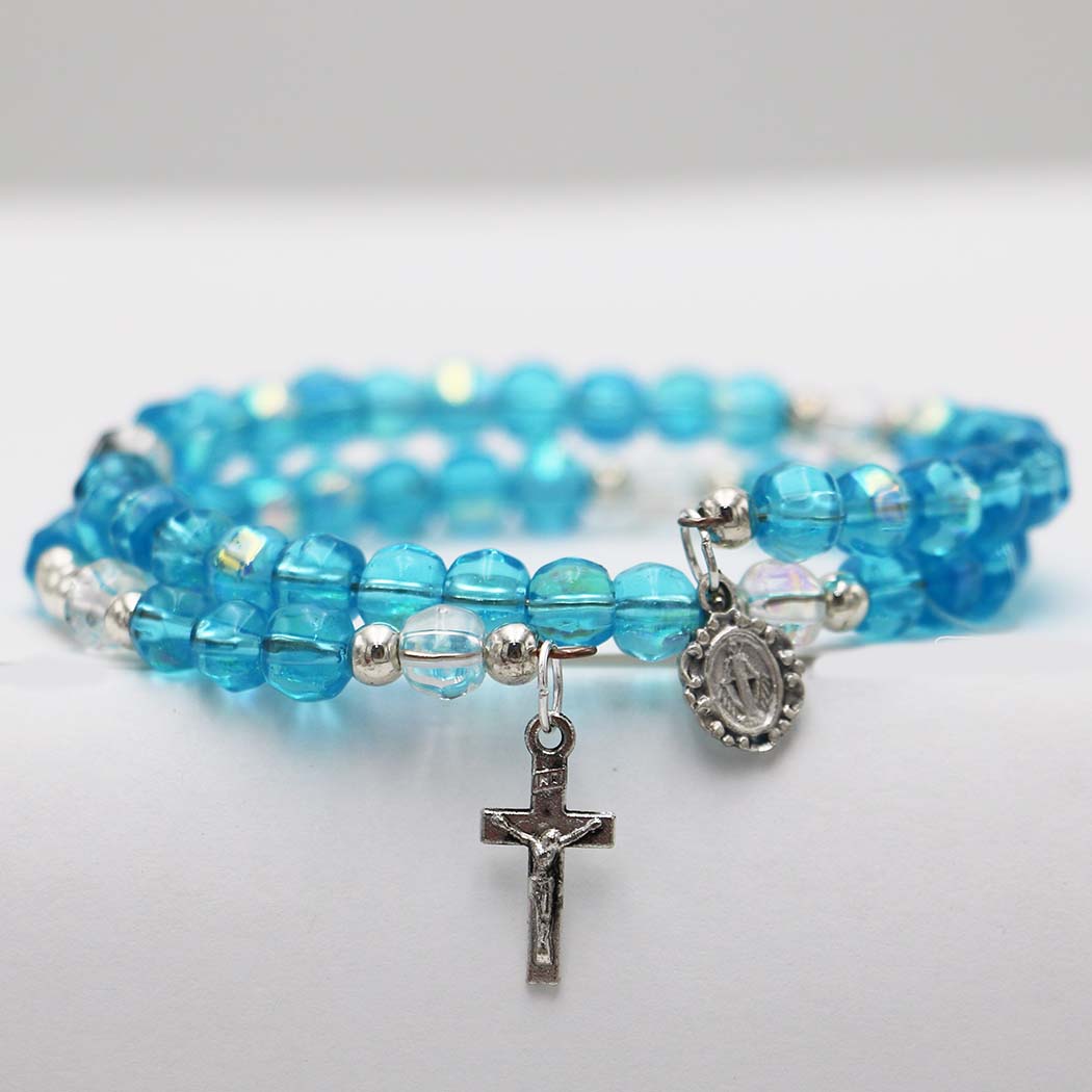 5-Decade Spiral Wrap Rosary Bracelet (Aqua Aurora Borealis Bead)