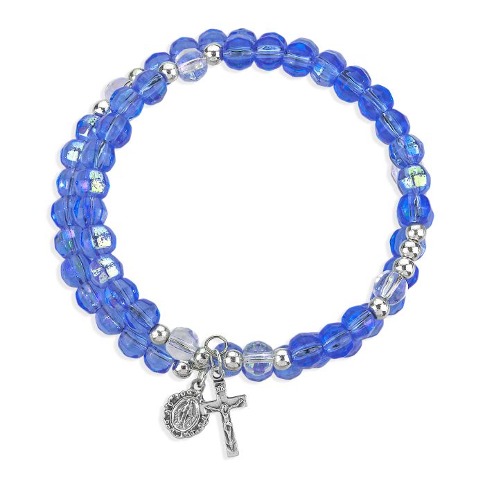 5-Decade Spiral Wrap Rosary Bracelet (Blue Aurora Borealis Bead)