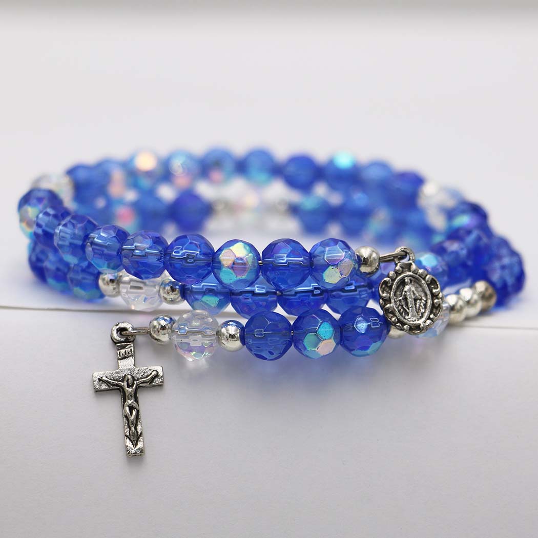 5-Decade Spiral Wrap Rosary Bracelet (Blue Aurora Borealis Bead)