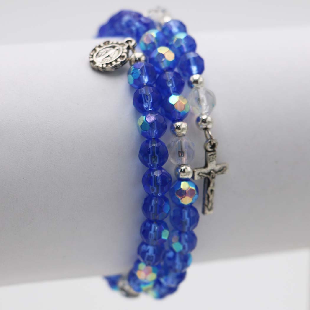 5-Decade Spiral Wrap Rosary Bracelet (Blue Aurora Borealis Bead)