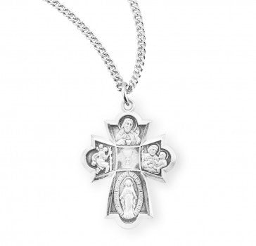 Rosemarie's Religious Gifts Sterling Silver Small Four Way Cross Confirmation Medal Pendant MADE IN THE USA 0.8" Necklace, 18"
