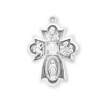Rosemarie's Religious Gifts Sterling Silver Small Four Way Cross Confirmation Medal Pendant MADE IN THE USA 0.8" Necklace, 18"