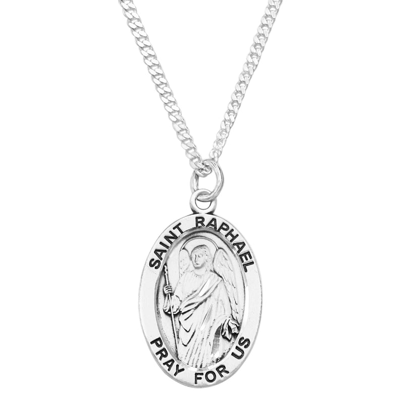 Sterling Silver Medal Pendant And Curb Chain Necklace, 24" (Saint Raphael)