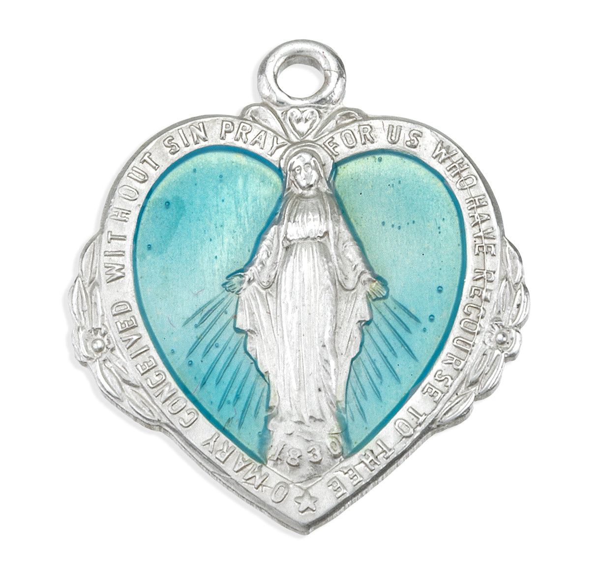 Rosemarie's Religious Gifts Sterling Silver Light Green Enameled Heart Shape Miraculous Medal of Mary Pendant Necklace, 20" MADE IN THE USA