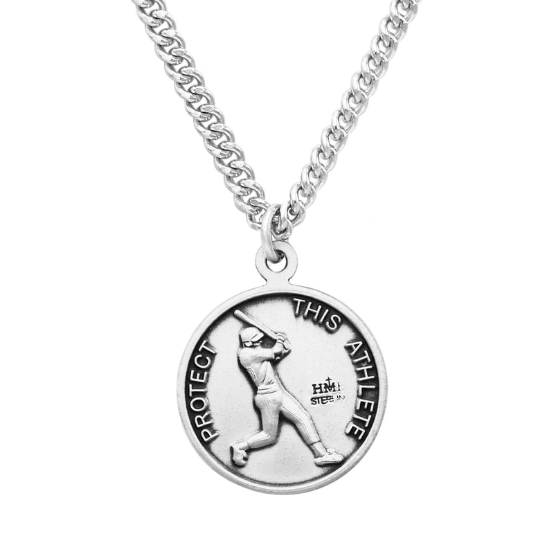 Men's Sterling Silver Saint Christopher Protect This Athlete Sports Medal Pendant Necklace, 24"  Baseball
