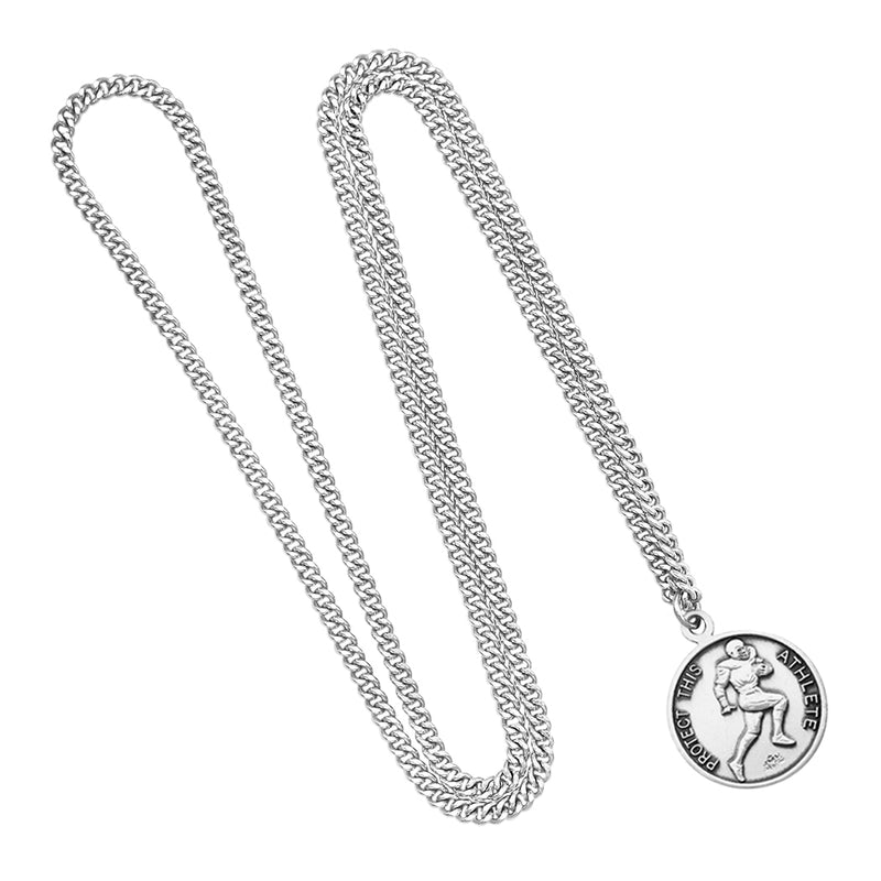 Men's Sterling Silver Saint Christopher Protect This Athlete Sports Medal Pendant Necklace Football, 24"