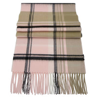 Soft Acrylic Winter Scarf, 66 x 12 Inches with 3 Inch Fringe, Cozy Cold Weather Accessory (Plaid, Pink, Black, Taupe)
