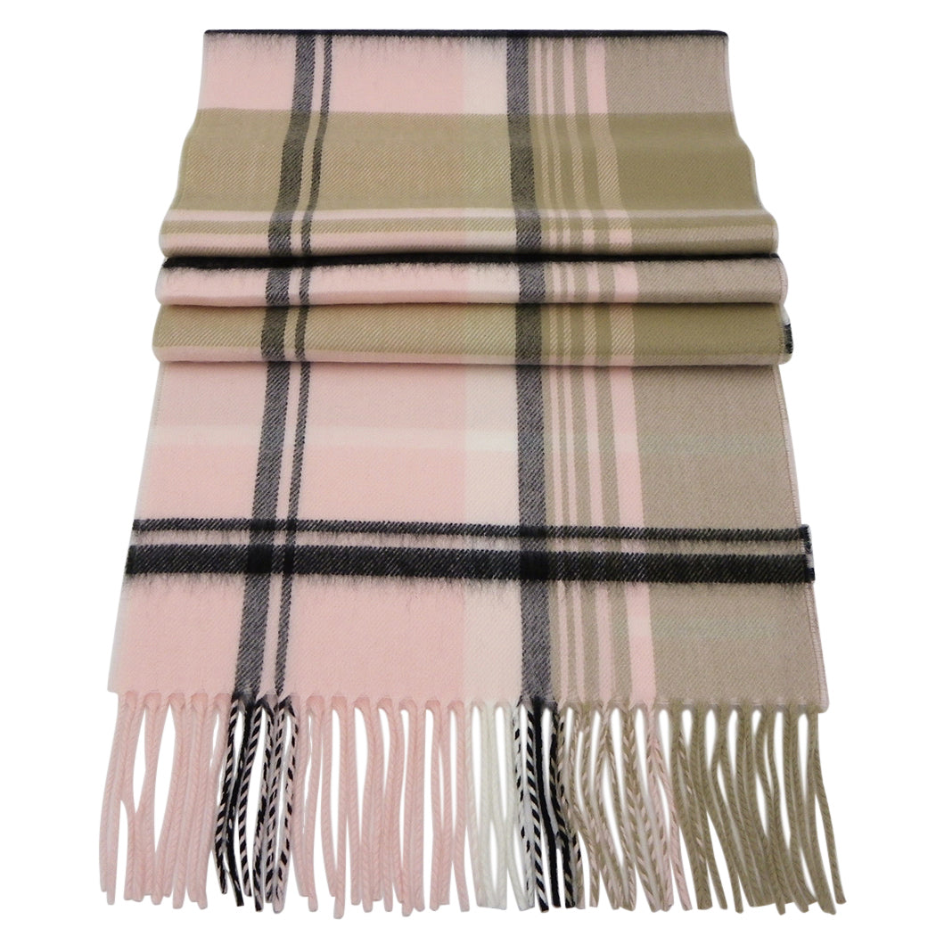 Soft Acrylic Winter Scarf, 66 x 12 Inches with 3 Inch Fringe, Cozy Cold Weather Accessory (Plaid, Pink, Black, Taupe)