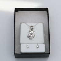 Made In Italy Dainty Sterling Silver Cable Chain With Adjustable Slide And Hootiful Crystal Rhinestone Wise Owl Necklace Pendant And Stud CZ Crystal Earrings Gift Set, 22"