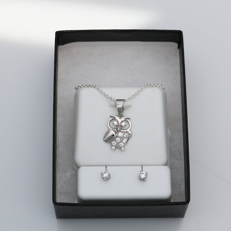 Made In Italy Dainty Sterling Silver Cable Chain With Adjustable Slide And Hootiful Crystal Rhinestone Wise Owl Necklace Pendant And Stud CZ Crystal Earrings Gift Set, 22"