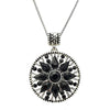 Chic Silver Tone Medallion With Black Crystals On Stainless Steel Rolo Necklace Chain, 17"+2" Extender