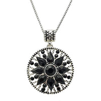 Chic Silver Tone Medallion With Black Crystals On Stainless Steel Rolo Necklace Chain, 17"+2" Extender