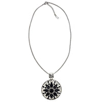 Chic Silver Tone Medallion With Black Crystals On Stainless Steel Rolo Necklace Chain, 17"+2" Extender