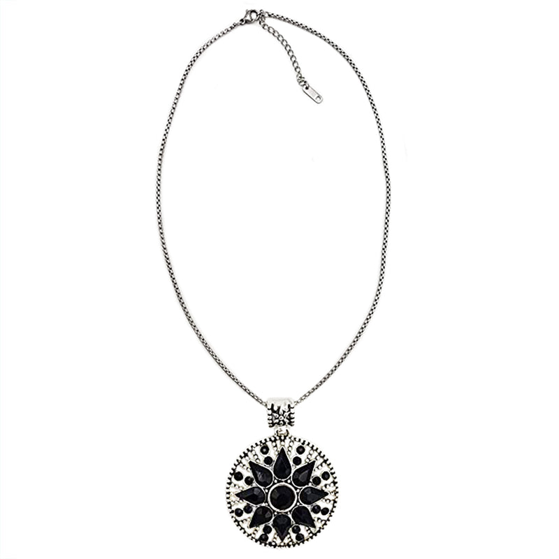 Chic Silver Tone Medallion With Black Crystals On Stainless Steel Rolo Necklace Chain, 17"+2" Extender